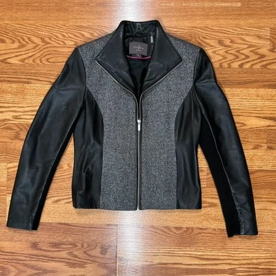 Chaqueta de motociclista Cole Haan para mujer 6 tela de cuero negra piel de cordero genuina Foto 1 de 4