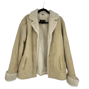 Womens XL Suede Faux Fur Lined Winter Jacket Pockets Cream Boho 70s Style - Picture 1 of 15