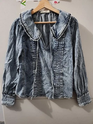 We the Free Top Womens XS Charlie Popover Oversize Denim Cowl Acid Wash Vneck - Image 1 of 4