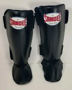 Sandee Muay Thai Schienbeinschoner groß schwarz Leder Thailand strapazierfähige Polster - Bild 1 von 14