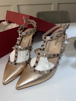 Valentino Rockstud Gold Python Pattern T Ankle Strap Pointed Sandal Heel Pump 36 - Image 1 of 4