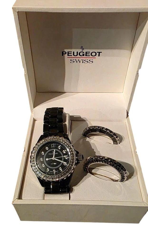 Reloj Peugeot Swiss Mujer Negro Cerámica Intercambiables Biseles y Caja Nuevo Foto 1 de 4