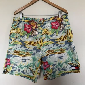 Vintage Tommy Hilfiger Mens Swim Trunks Large Pockets Tropical Floral Hawaiian - Picture 1 of 6