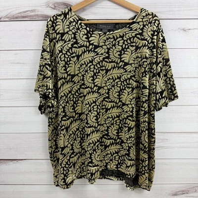 Винтажный Lane Bryant Designs & Co черное золото цветочный бархат коротким рукавом Топ 26/28 - Изображение 1 из 4