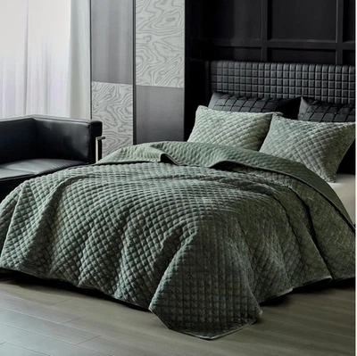 Velvet Quilt Set Green Textured Coverlet Luxury Modern Glam Quiet Luxury Bedding - Изображение 1 из 4