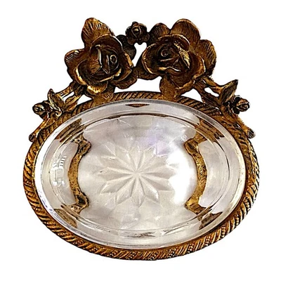 Vintage Stylebuilt Ormolu Gold Rose Floral & Glass Soap Dish Hollywood Regency - Image 1 of 4
