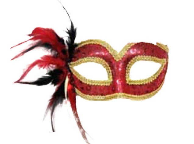 RED SEQUIN VENETIAN STYLE MARDI GRAS MASQUERADE MASK w/ FEATHERS & RHINESTONE - Image 1 of 1