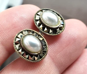 Vintage Sterling Silver 925 Marcasite earrings 12x10mm - Picture 1 of 13