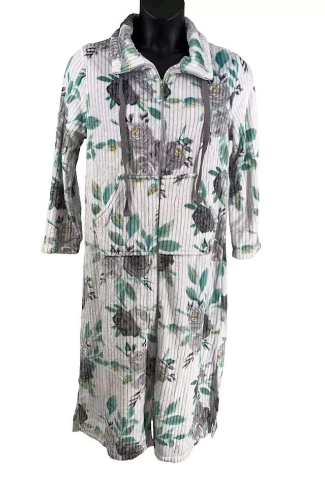 Stan Herman English Rose Plush Long Zip Lounger-Grey Rose-Large A381672 NEW - Image 1 of 1