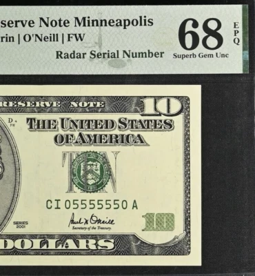 2001 $10 Federal Reserve Note PMG 68EPQ top pop super radar rotator 05555550 - Image 1 of 4