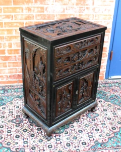 Heavily Carved Chinese Silverware Cabinet | Antique Storage Chest w/ Drawers - Picture 1 of 12