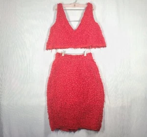 Vtg Red Wool Fur Dress Set V Neck Crop Top Knee Length Skirt Faux Fur Custom M L - Picture 1 of 12