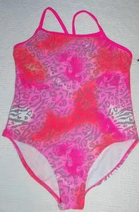 Girls One Piece Swimsuit ORANGE PINK Gray Leopard Zebra Print L 10-12 XL 14-16 - Picture 1 of 2