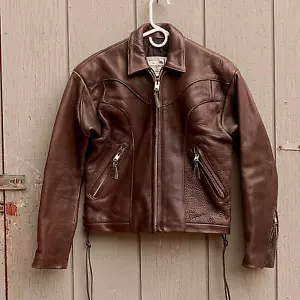 Espinoza's Leather Motorcycle Jacket Side Laces Heavy Sz Sm - Med. 40" Brown - Picture 1 of 5