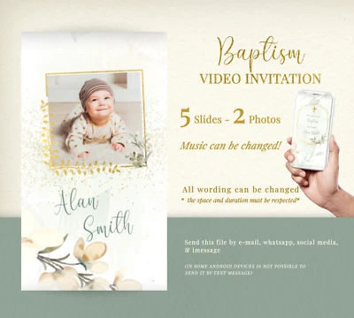 Bautismo, Comunión, Video Invitación, Eucalipto Verde Dorado Foto 1 de 3