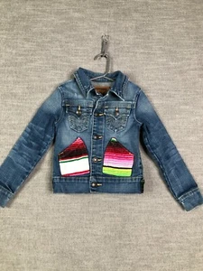 True Religion Jacket Girls XS Blue Denim Western Patches Distressed Button Up - Picture 1 of 15