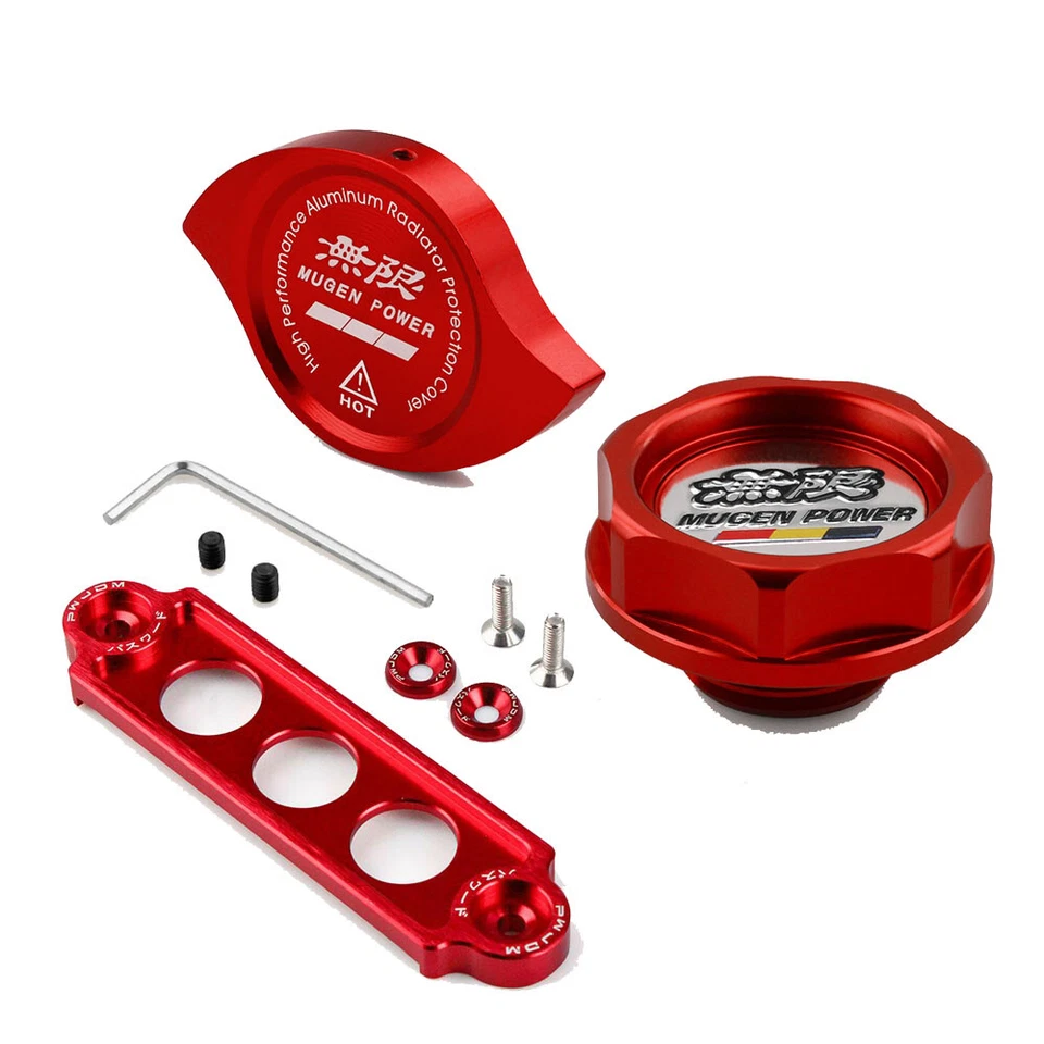 JDM Battery Tie Down+Engine Oil Filler Cap+Radiator Cap For Honda Acura Red - Imagem 1 de 4