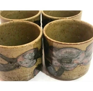 Japanese Tea Bowls Speckle Glaze Hand-painted Purple Flowers Vintage 4 Tea Cups - Picture 1 of 11