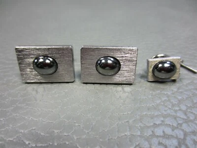 Mid Century Modern Hematite White Gold Plated Cuff Links with Tie Tack - Image 1 of 4