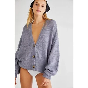 FREE PEOPLE Storm Blue Found My Friend Oversized Textured Boho Cardigan Large - Picture 1 of 11