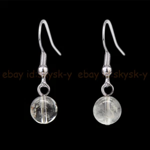 Natural 6/8/10/12mm Clear Rock Crystal Quartz Round Beads Dangle Hook Earrings - Picture 1 of 7