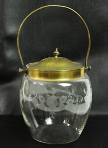 #9069 - Antike Bonboniere mit Henkel - Graviertes Glas / Metall