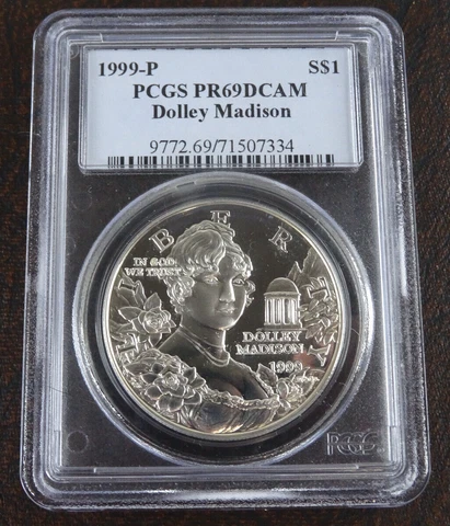 1999-P Dolly Madison Proof Silver Dollar PCGS PR 69 DCAM Commem 90% US Mint Cover