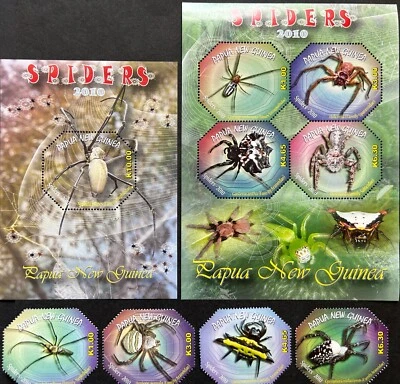 PAPUA NEW GUINEA 2010 SPIDERS SET OF 4  + Sheetlet + Mini-sheet FINE MINT MNH - Image 1 of 4