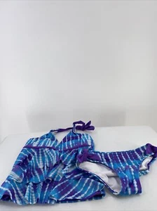 Justice Girls Swim Suit 8 1/2 Blue Purple Tie Dye 2 Piece Ruffles Bows - Picture 1 of 15
