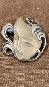 Máscara facial de drama teatral de plata esterlina pin broche hallazgo 925 - Imagen 1 de 4