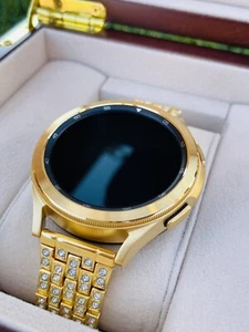 Custom 24k Gold Plated Samsung Galaxy Watch 4 Gold Diamond Rhinestone Band 2021 - Picture 1 of 5