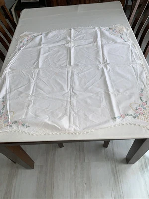 Embroidered Tablecloth Square White w Multicolor 43 x 43” lace trim VINTAGE - Image 1 of 4