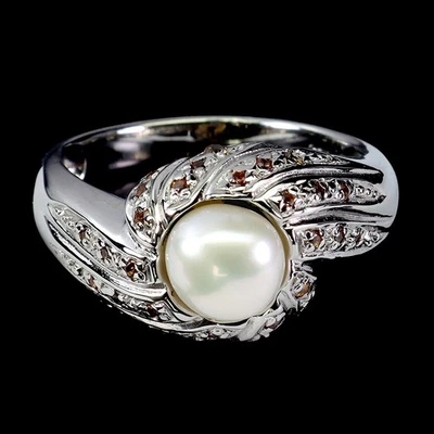 Anillo de plata de ley 925 zafiro redondo corte diamante perlas piedras preciosas joyería talla 7 Foto 1 de 4