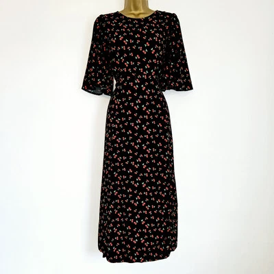NOVO Ex WALLIS 10-20 Vestido Chá Midi Preto Estampado Cereja Buraco da Fechadura Fit & Flared - Imagem 1 de 4