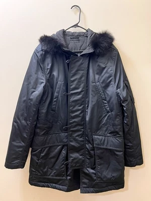 Theory Women's Black Parka Jacket With 100% Coyote Fur Hoodie Size L - Image 1 of 4