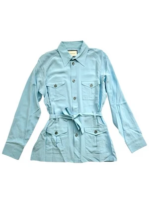 Gucci Men’s Spring 2016 Runway Safari Silk Shirt Light Blue Sz L - Photo 1/4