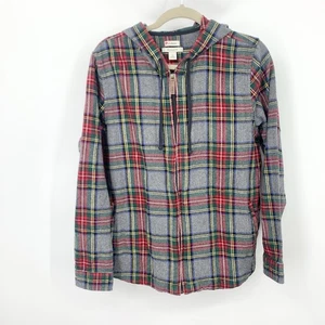 LL Bean Damengröße Large Hemd Reißverschluss vorne Hoodie Langarm Oberteil Flanell grau rot - Bild 1 von 9