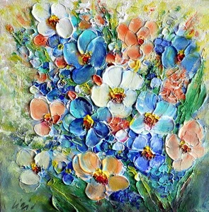 Narcissus painting, colorful artwork, impressionist bouquet, blue  daisy flower - Picture 1 of 8