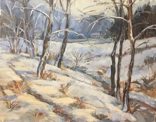 Оригинальная картина маслом зимняя страна чудес снежная сцена пейзаж вдоль ручья - Изображение 1 из 1