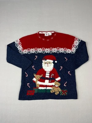 Suéter de Navidad de Papá Noel vintage para mujer L rojo azul hecho en EE. UU. Pullover Foto 1 de 4