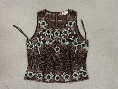 Top Y2K Réplica Mujer Grande Marrón Seda Cuentas Lentejuelas Floral Foto 1 de 4