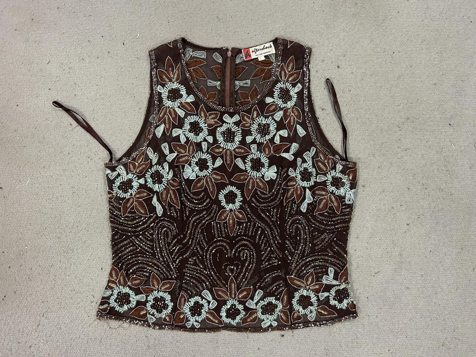 Top Y2K Réplica Mujer Grande Marrón Seda Cuentas Lentejuelas Floral Foto 1 de 4