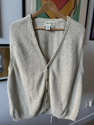 Eddie Bauer Vintage Waffle Knit Vest Button Up Cotton Oatmeal XL Made in USA - Image 1 of 4