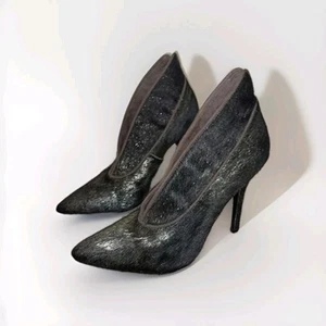 Heeled Ankle Boots Size 7 Silver Grey Iridescent Fur Booties NINE WEST M-Width - Picture 1 of 6