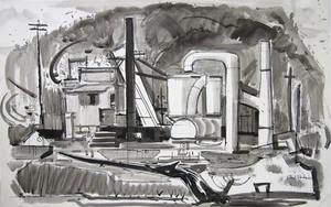 PHIL DIKE Signed 1957 Original Watercolor and Ink Painting "East of Claremont" - Bild 1 von 1