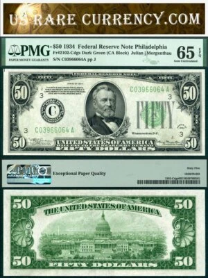 1934 $50 Federal Reserve Note FR-2102-C Dark Green Philadelphia PA PMG GEM65EPQ - Image 1 of 3