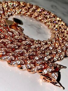 Mens Miami Cuban Link Chain Iced Choker Necklace Rose Gold 12mm 20" Prong Set