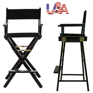30" Directors Chair Armrests Footrests Portable Durable Wood Frame Black Canvas - Picture 1 of 7