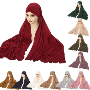 Muslim Women Instant Pull On Ready Made Hijab Long Headscarf Wrap Shawl Cover - Picture 1 of 35