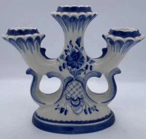 Shekma Gzhel Candelabra 3 Candle Holder Russia Blue & White Porcelain  - Picture 1 of 8